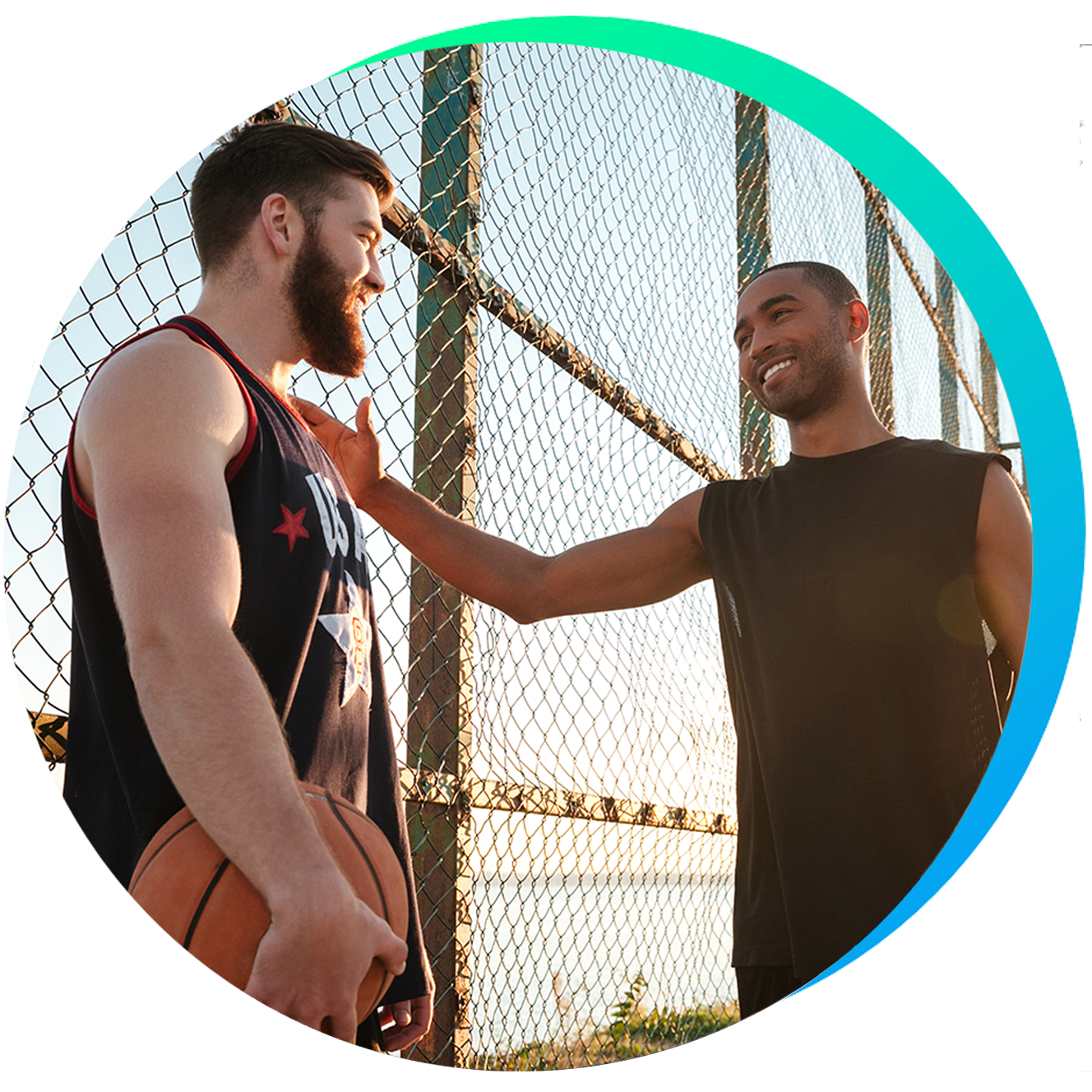 two men on a basketball court where one is welcoming the other to play